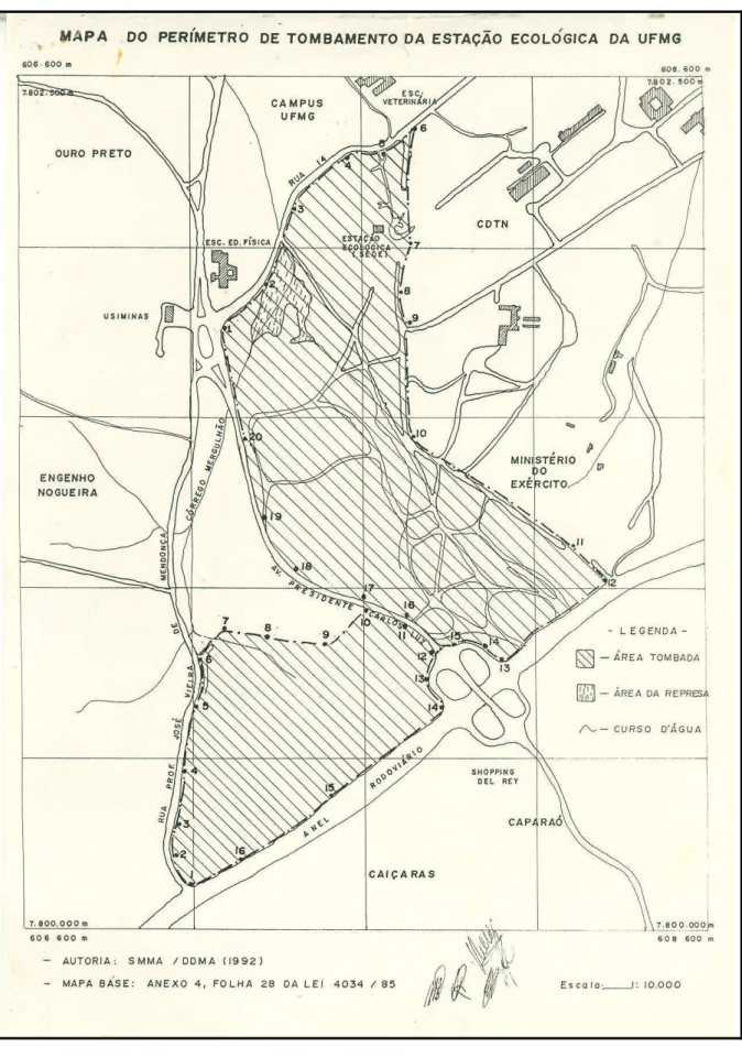 Figura 10: Mapa do tombamento da área referente ao quarteirão 14 e parte do quarteirão 15,  realizado pelo Conselho Deliberativo do Patrimônio Cultural de Belo Horizonte, em 1992