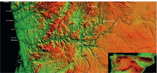 Fig.  3  –  Morfologia  do  sector  percorrido  pelo  Douro  em  Portugal  e  na  parte  ocidental  da Meseta