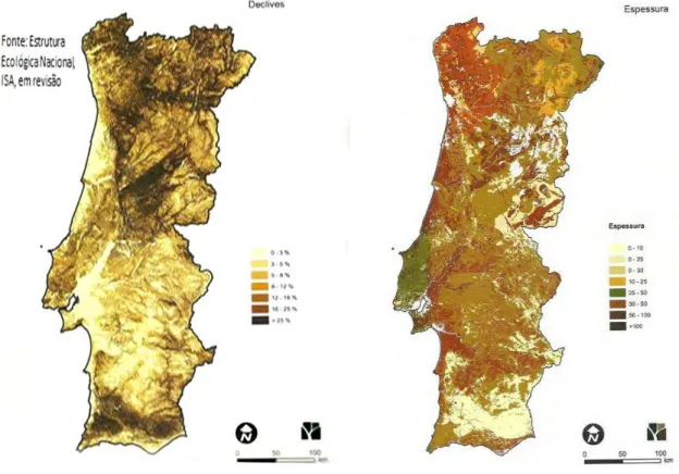 Figura 4 - Cartografia relativa aos declives e espessura dos solos (Extraído de Crespo, 2015) 