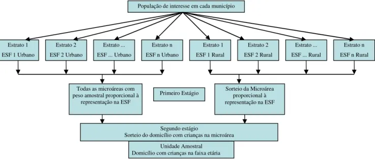 FIGURA 5 - Fluxograma do plano amostral com a definição dos estratos, estágios  da amostragem e unidade amostral primária do estudo nos municípios de 