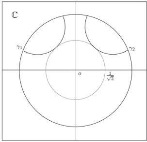Figura 3.6: Esquema das geod´esicas γ 1 e γ 4 no disco unit´ario: elas n˜ao interceptam o c´ırculo