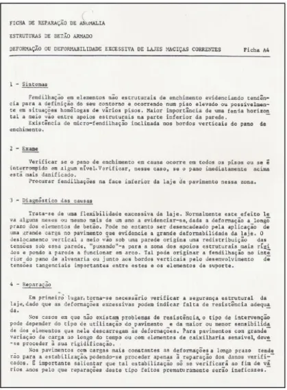 Fig. 2.19 - Exemplo de uma ficha de anomalia proposta pelo LNEC (Laboratório Nacional de Engenharia Civil,  1985)