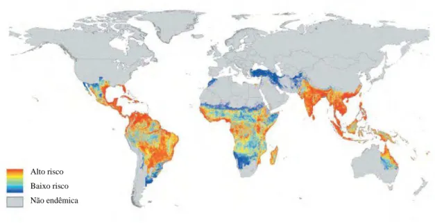 Figura  3  -  Risco  de  transmissão  de  dengue  baseado  em  múltiplas  fontes  de  dados  (Organização  Mundial  da  Saúde,  Centro  de  Controle  de  Doenças,  Gideon,  ProMED, Dengue Map, Eurosurveillance e literatura internacional) 