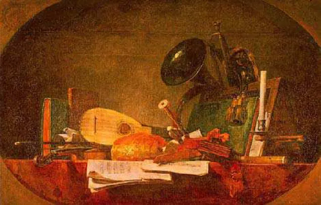 Figura 1: Jean-Baptiste-Siméon Chardin, Les attributs de la musique,  0,91 x 1,45, 1765, Musée du Louvre, Paris 