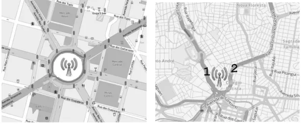 Figure 4.1. Placing RSUs not in intersections. Maps from http:// openstreetmap.org.