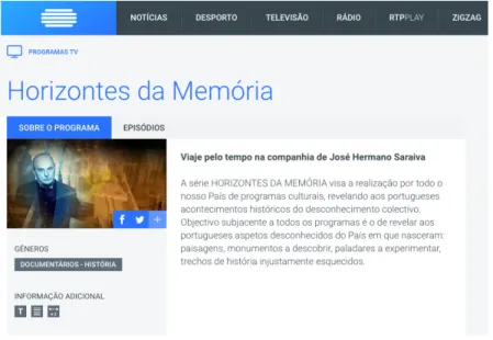 Figura 3 Determinação de gêneros e descrição dos programas na página da RTP 