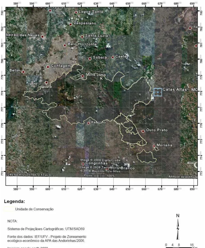 Figura 3 – Mapa do Mosaico de Unidades de Conservação do Quadrilátero Ferrífero  Fonte: IEF/UFV, 2006 e Imagem Google Earth, 2008.