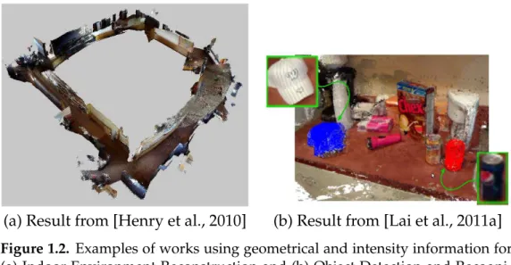 Figure 1.2. Examples of works using geometrical and intensity information for (a) Indoor Environment Reconstruction and (b) Object Detection and  Recogni-tion.