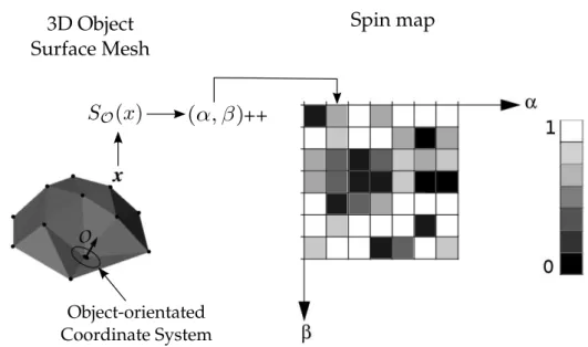 Figure 2.6. Spin-Image creation using 2D histogram. After the projection of a point x in the coordinate system O, the resulting 2D point is accumulated into a discrete bin