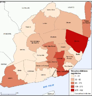 Figura 20 - Veículos elétricos ligeiros a bateria registados até junho de 2018, por freguesia na área de estudo