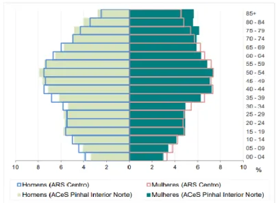 Gráfico 8 - Pirâmides etárias da ARS Centro e do ACES PIN (estimativas 2016). 