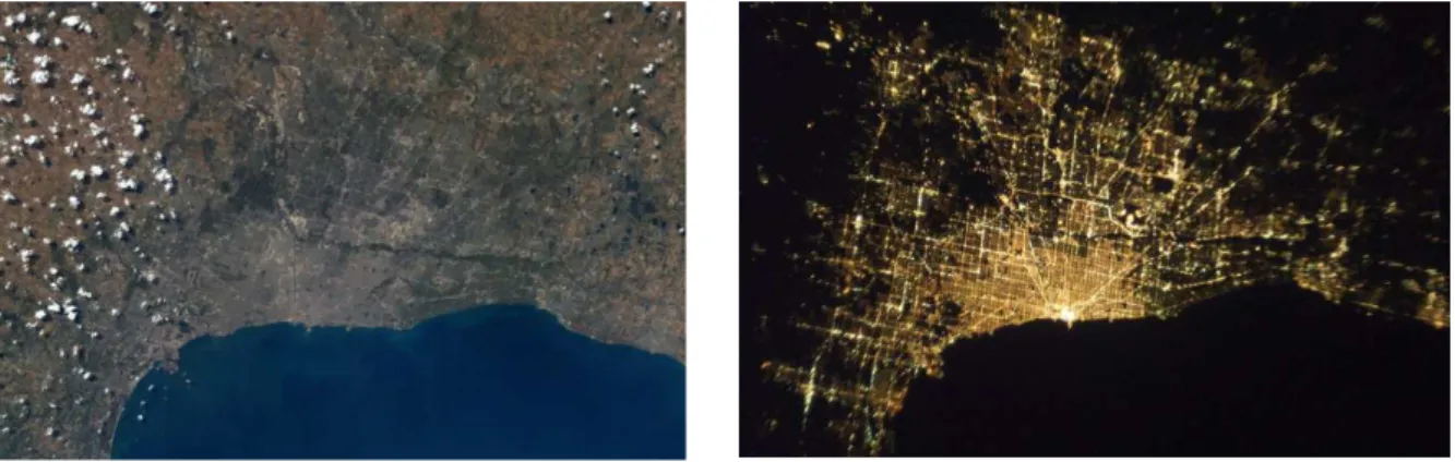 Figura 1.1: Imagens da cidade de Chicago (EUA) tiradas da Estação Espacial Internacional, de dia (a) e à  noite (b) - Fonte: Earth Observatoty of NASA website 1 