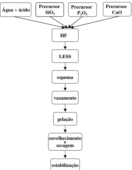 Figura 4.1 - Fluxograma do procedimento elaborado para a produção de  estruturas macroporosas de vidro bioativo