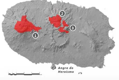 Figura 9. Reservas Naturais da Ilha Terceira: 1 – Serra de Santa Bárbara e Mistérios  Negros; 2 – Biscoito da Ferraria e Pico Alto e 3 – Terra Brava e Criação das Lagoas 
