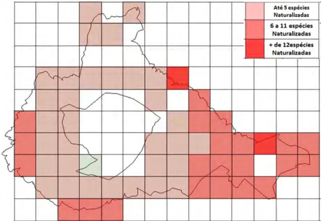 Figura  10.  Representação  das  quadrículas  UTM  em  três  níveis  de  invasão  distintos,  da  Reserva  Natural  da  Serra  de  Santa  Bárbara  e  Mistérios  Negros,  onde  ocorrem  espécies  naturalizadas