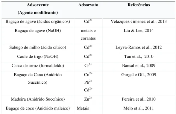 Tabela 2.3: Materiais lignocelulósicos modificados e adsorvatos estudados 