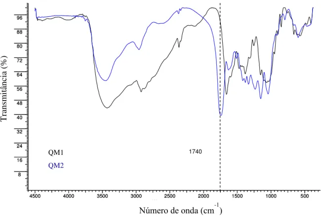 Figura  5.9:  Espectro  de  FTIR  para  as  quitosanas  QM1  e  para  a  quitosana  metilada  e  succinilada (QM2)  