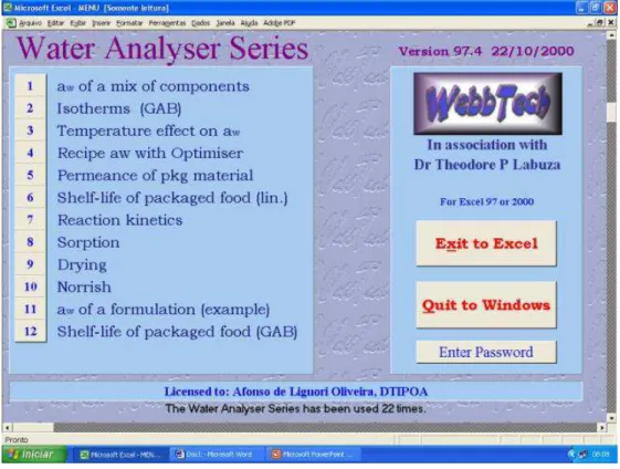 Figura  4  –  Página  inicial  do  programa  Water  Analyser  Series,  versão  97.4,  utilizado  para  delineamento das isotermas de adsorção das amostras PP30 e A30