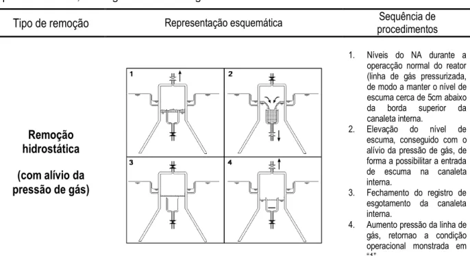 Tabela 4.2 – Formas de remoção fluido-estática da escuma do separador trifásico (a) com  alívio da pressão de gás; (b) com o aumento da pressão de gás