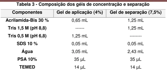 Tabela 3 - Composição dos géis de concentração e separação  Componentes  Gel de aplicação (4%)  Gel de separação (7,5%) 