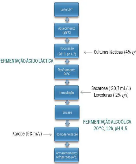 Figura 9: Fluxograma de produção do kefir utilizando cultura iniciadora por fermentação  láctica e alcoólica sucessiva (adaptado de BESHKOVA et al., 2002)