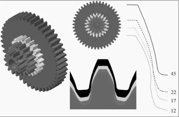 FIGURA 1.2  – Modelos 3D e perfis gerados a partir de plataforma CAD, para vários números de dentes