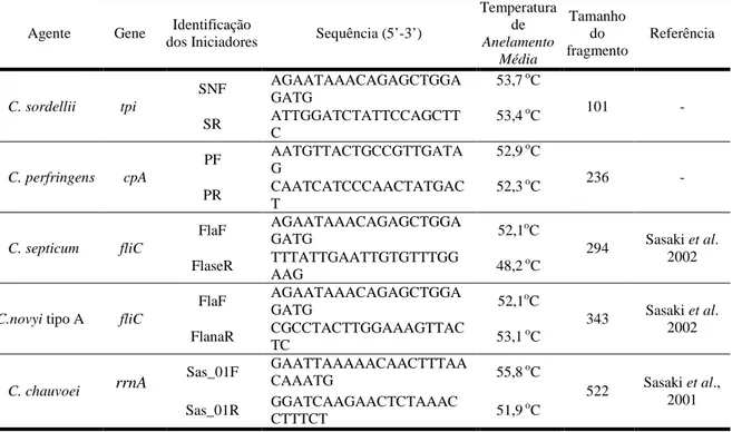 Tabela  3  -  Iniciadores  utilizados  nas  reações  de  PCR  Monoplex  e  Multiplex  para  a  amplificação  dos  genes: tpi (Clostridium sordellii), cpA (Clostridium perfringens tipo A), rrnA (Clostridium chauvoei), fliC  (Clostridium septicum) e fliC (Clostridium novyi tipo A)