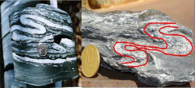 Figura 3.3: Amostras de rochas sulfetadas do tipo IDS contendo dobras preenchidas por  quartzo e arsenopirita