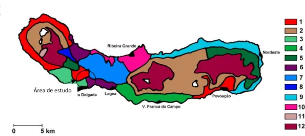 Fig. 2.8 - Mapa pedológico da ilha de S. Miguel (adaptado de Ricardo et al., 1977). Associações de solos  cartografadas: 1
