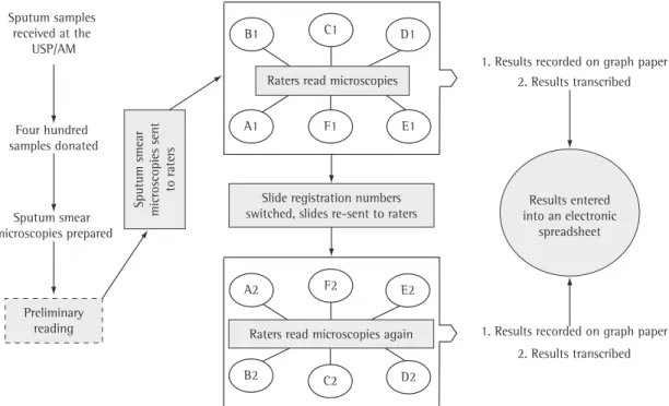 Figure 1 - Flowchart of the procedures for double-blind analysis of sputum smear microscopies for the diagnosis of  tuberculosis