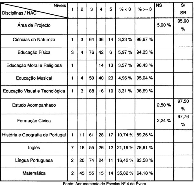 Tabela  9  -  Resultados  escolaÍes  no  Íinal do  30  período, ano 2006/07,  por disciplina  -  60  ano