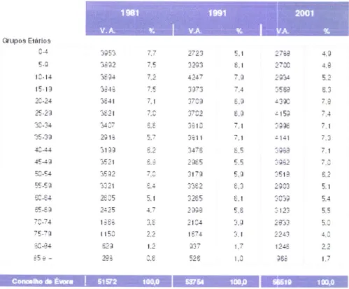Tabela  19  -  Estrutura etária  da população  residente  no concelho  de  Évora  de  1981  a 2001