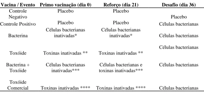 Tabela  3:  Esquema  de  imunização  dos  cobaios  para  avaliação  de  quatro  vacinas  contra  Clostridium perfringens tipo A
