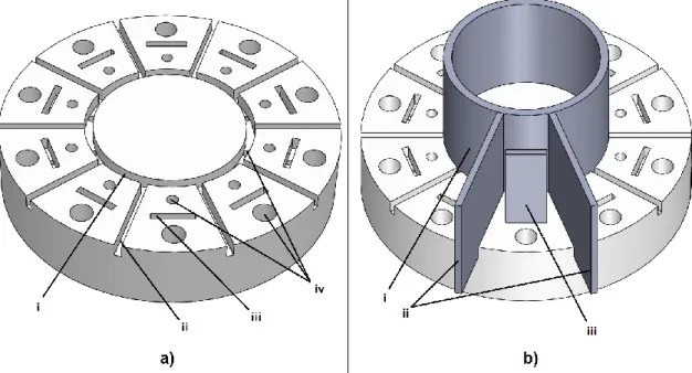Figura 3.9 –  Vistas em perspetiva do porta substratos desenhado em SolidWorks. Em a) estão 