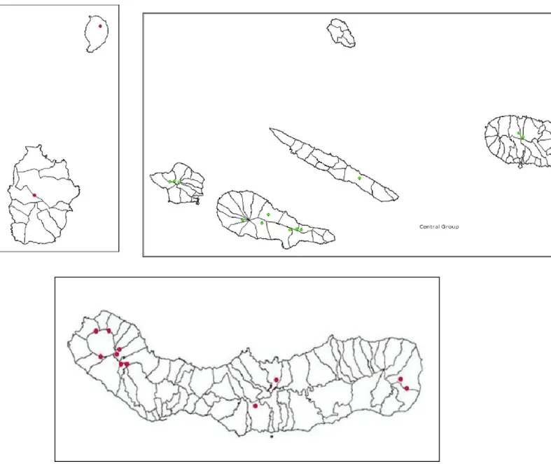 Fig.  8.  Populations  of  Azorean  Leontodon  (L.  rigens  in  red  dots  and  L.filii  in  green  dots)  in  need  of  conservation measures implemented according to Fis values, specificity  of genetic background( private  alleles, allelic richness) and 