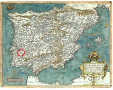 Fig. 1 – Localização de Portugal na Península Ibérica. Mapa de Abraham Ortelius, 1570 in Atlas  Theatrum Orbis Terrarum
