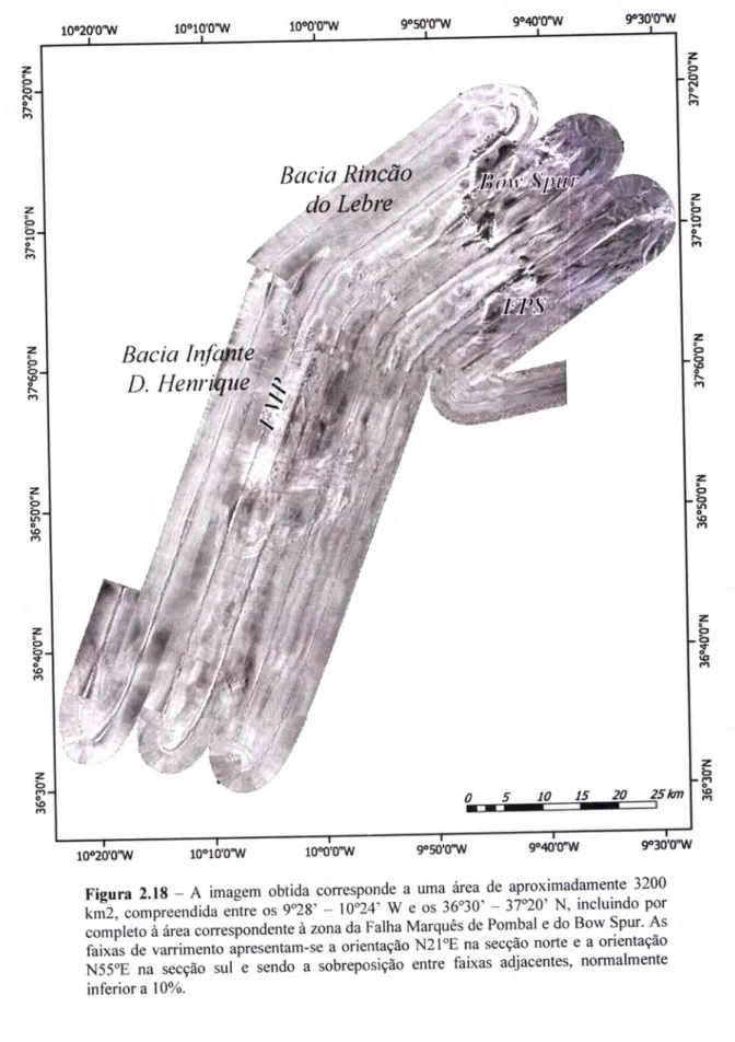 Figura  2.18  -  A  imagem  obtida  coÍresponde  a  uma  área  de  aproximadamente  3200 km2,  Çompreendida  eritre os  928'  -  lO24'W  e os  36o30'  -  3720'  N'  incluindo  por