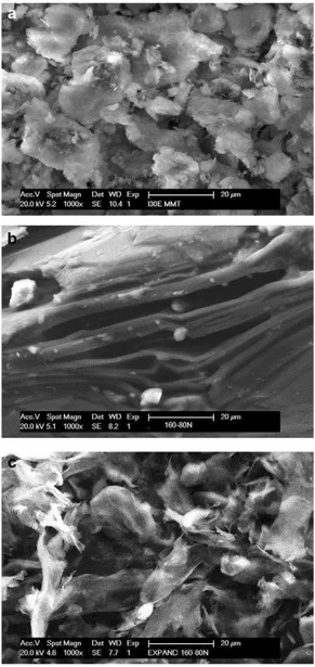 FIGURA  19  –  Micrografia  de  nanopartículas:  (a)  nanoargila  I30E  fornecedor  Nanocor,    (b)  Nanografite  antes  da  expansão  fornecedor  Graftech  e  (c)  Nanografite  após a expansão fornecedor Graftech