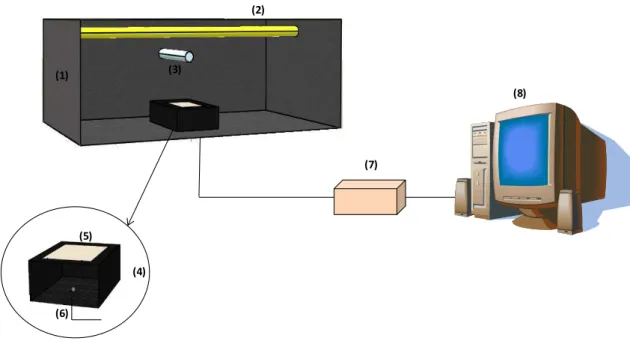 Figura 4. 3 - Esquema experimental da câmara de testes, constituído por: (1) caixa de ferro preta; (2)  fonte de irradiação de 15 W simulando radiação solar; (3) fonte de irradiação de 5 W, UVC; (4) caixa de 