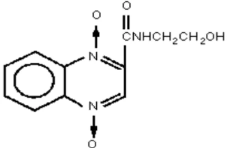 Figura 2 Estrutura química do carbadox O  carbadox  é  um  fármaco  usado  como promotor de crescimento em dietas de  aves  e  suínos  e  como  medicamento  antimicrobiano,  para  a  prevenção  de  disenterias e enterites bacterianas