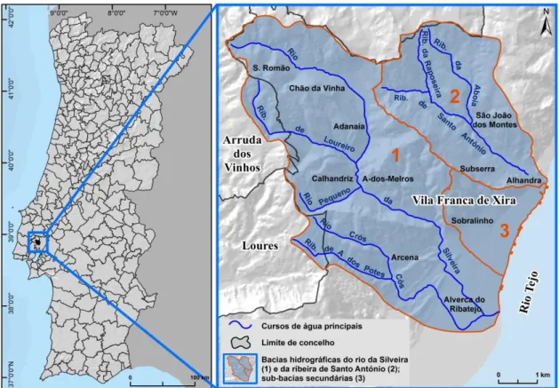 Figura 1.1 – Enquadramento geográfico das bacias hidrográficas do rio da Silveira e da ribeira  de  Santo  António  (fonte:  Carta  Administrativa  Oficial  de  Portugal,  2013;  Carta  Militar  de  Portugal na escala 1:25 000, folhas 389, 390, 403 e 404)