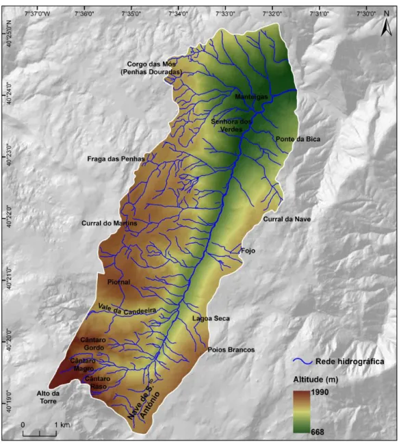 Figura  1.9 –  Altimetria  na bacia  hidrográfica  do  rio  Zêzere,  a montante  da vila de  Manteigas  (fonte: base cartográfica na escala 1:10 000 do município de Manteigas)