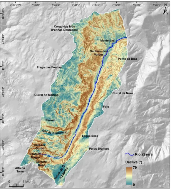 Figura  1.10  –  Declive  na  bacia  hidrográfica  do  rio  Zêzere,  a  montante  da  vila  de  Manteigas  (fonte: base cartográfica na escala 1:10 000 do município de Manteigas)