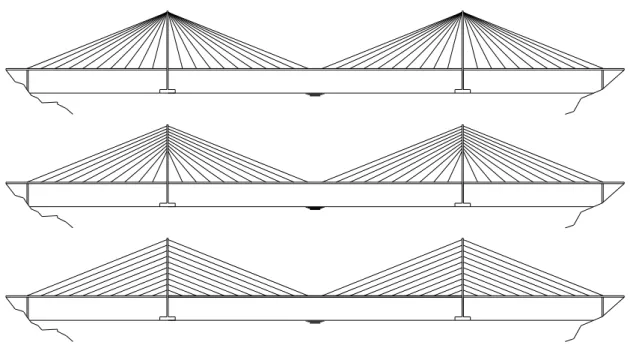 Figura 2.21 - Disposição dos tirantes, pontes com duas torres, configurações clássicas, por ordem, leque, semi- semi-leque e harpa [5] 