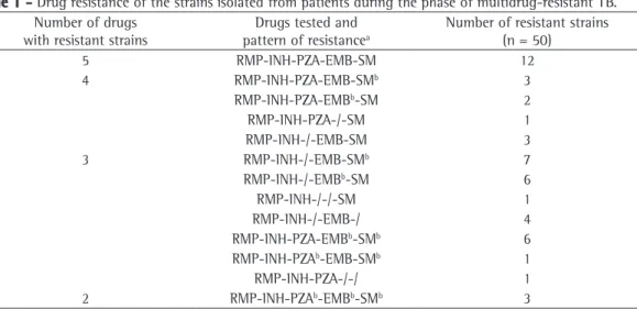 Table 1 - Drug resistance of the strains isolated from patients during the phase of multidrug-resistant TB