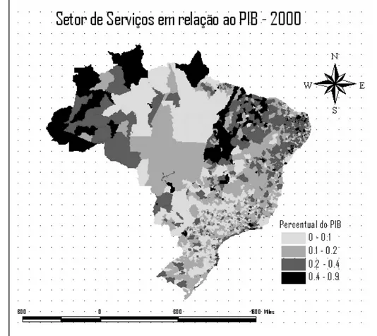 FIGURA 3.2 – Comparativo entre a parcela de produção industrial e do setor de serviços em relação ao PIB nas Áreas  Mínimas Comparáveis em 2000 
