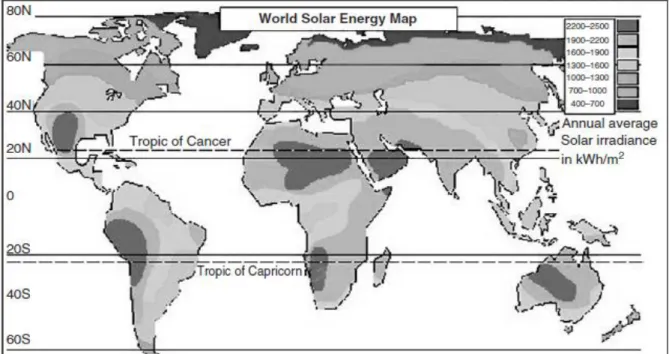 Fig. 1 – Distribuição mundial da irradiância solar anual num plano horizontal (kWh/m 2 ) (Luque e  Hegedus, 2011)