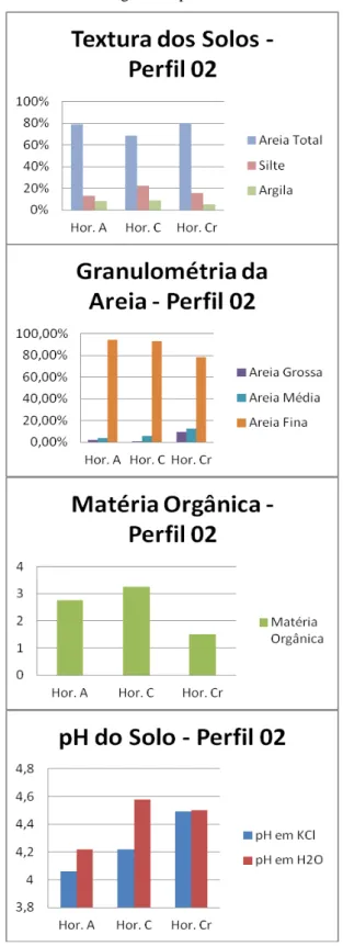 Gráfico  02:  Textura  dos  Solos,  Granulométria  da  Areia, Matéria Orgânica e pH de Solo do Perfil 02.