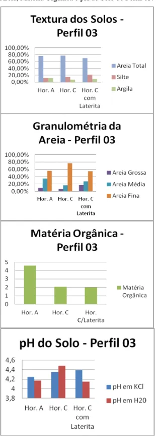 Gráfico  03:  Textura  dos  Solos,  Granulométria  da  Areia, Matéria Orgânica e pH de Solo do Perfil 03.