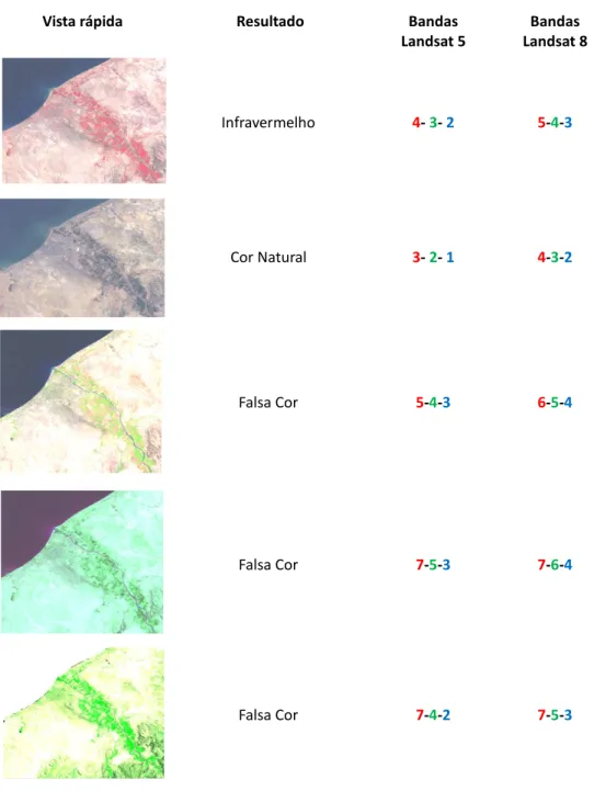 Figura 4.4 - Diferentes combinações coloridas com bandas da Imagem Landsat 8 de 2014. 